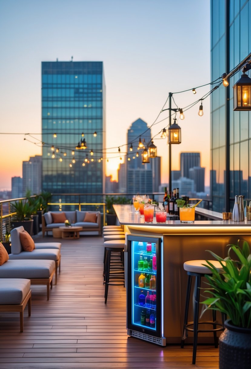 Rooftop bar with compact fridge, seating, plants, and city skyline at sunset.
