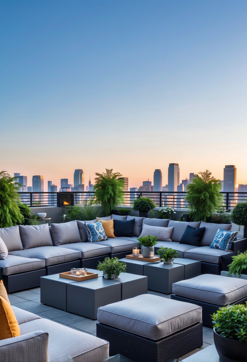 A rooftop terrace with modular outdoor furniture arranged in flexible layouts, greenery, and a city skyline in the background.