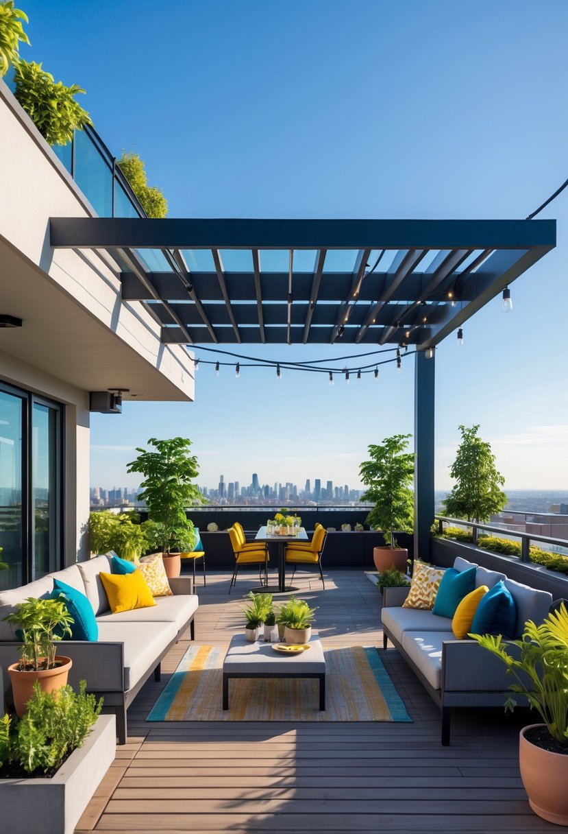 A rooftop terrace with seating, plants, a dining table, and a city skyline in the background.
