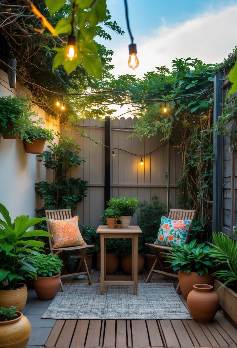 A small patio with a wooden table, two chairs, potted plants, string lights, and a garden fence in the background.