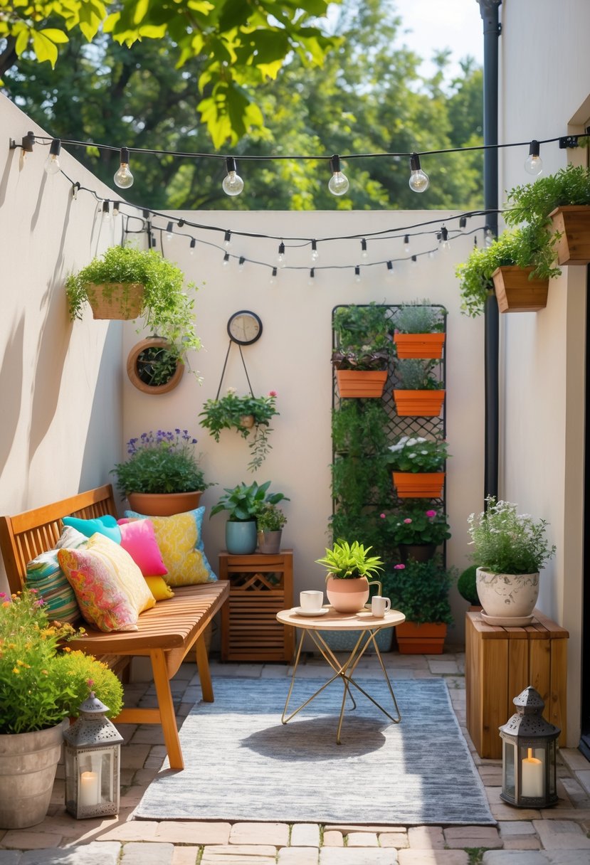 A small patio with a wooden bench, colorful cushions, a round table with a plant and coffee cup, string lights, hanging planters, lanterns, stone tile flooring, and a vertical garden.