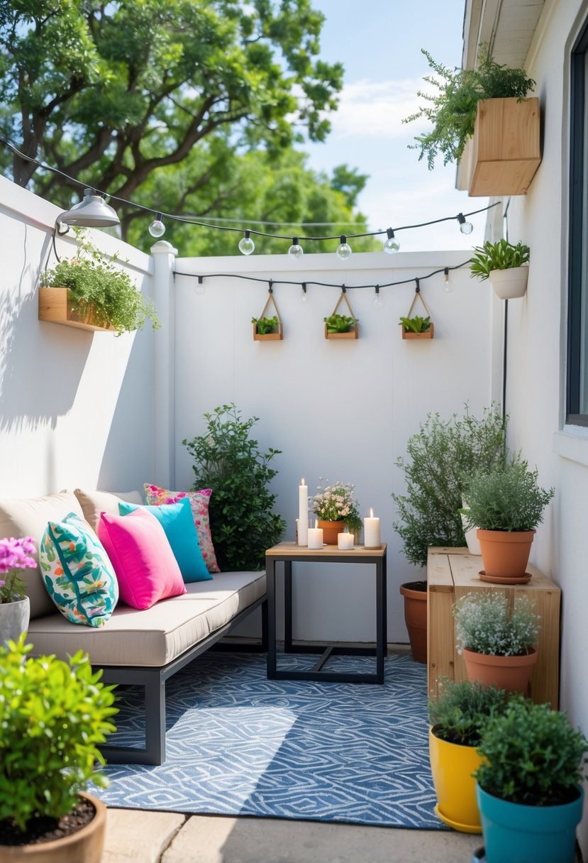 A small patio with cozy seating, potted plants, string lights, and simple decorations creating a relaxing outdoor space.