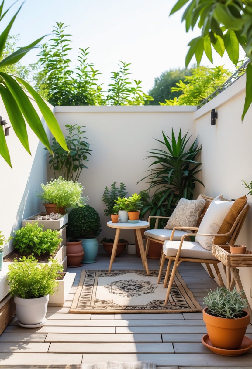 A small patio with wooden flooring, green potted plants, and simple outdoor furniture arranged to create a cozy and inviting outdoor space.