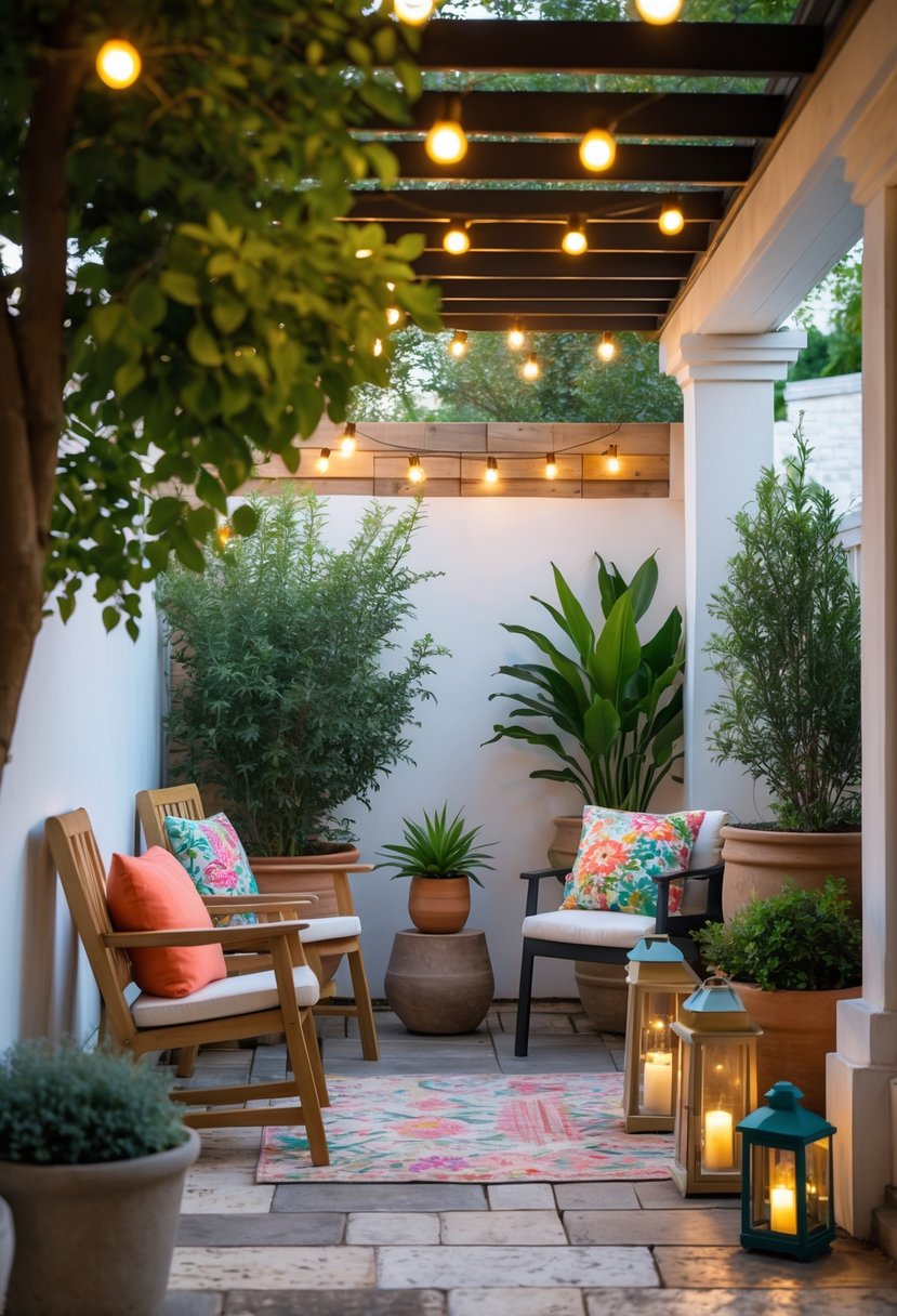 Small patio with wooden chairs, a small table with a plant, greenery in planters, string lights overhead, and outdoor cushions.