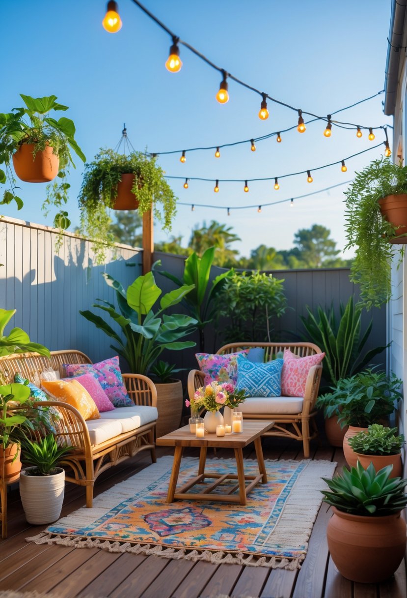 An outdoor patio with a wooden deck, rattan sofa with cushions, potted plants, a coffee table with decorative items, and string lights overhead.