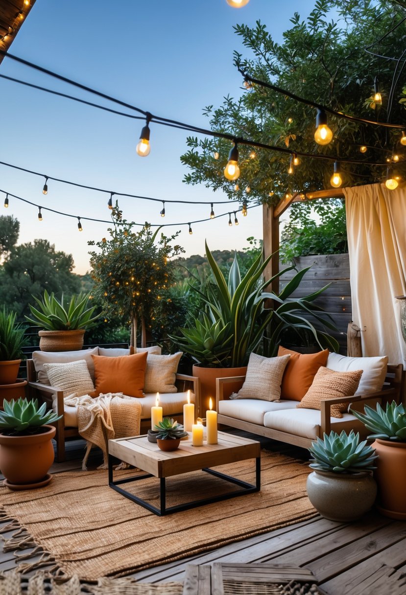 An outdoor patio with wooden flooring, potted plants, cushioned seating, a low table, and string lights overhead under a clear sky.
