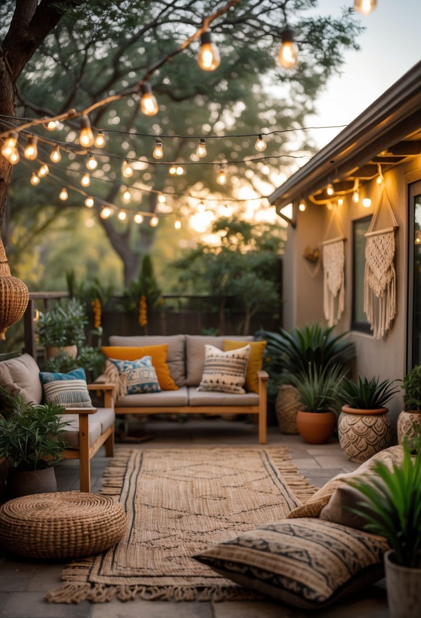 An outdoor patio with wooden furniture, cushions, hanging lights, and plants creating a warm and inviting atmosphere.