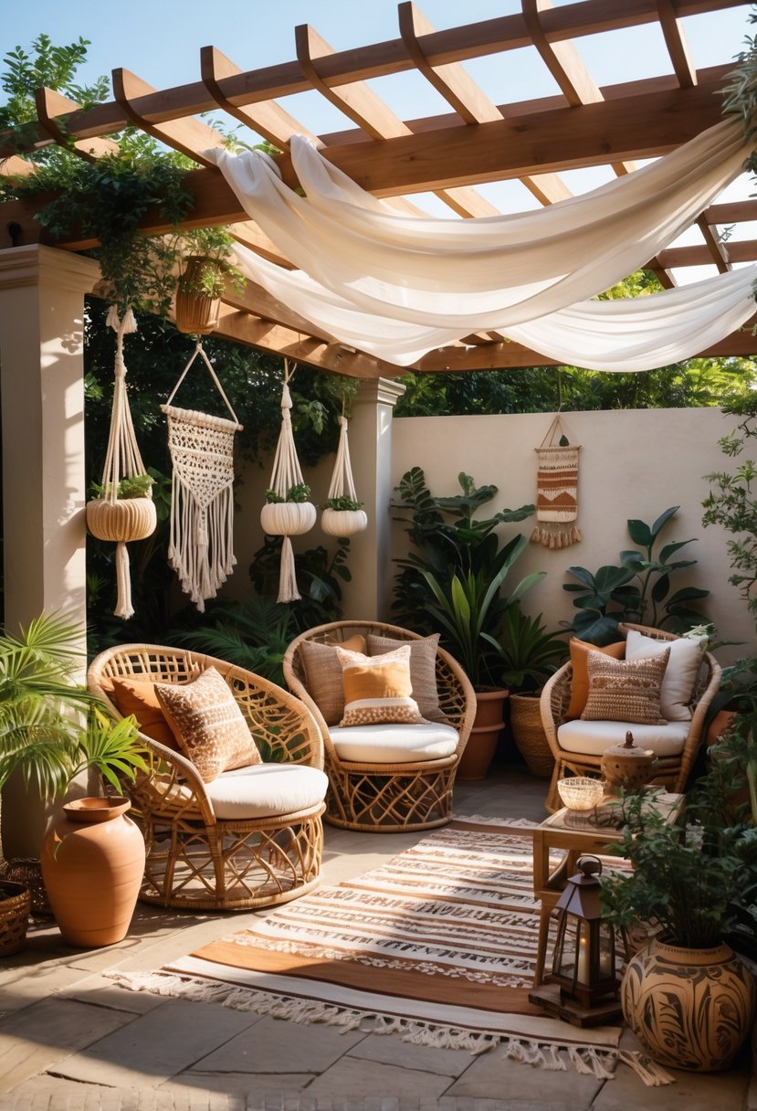 Outdoor patio with rattan furniture, cushions, plants in pots, hanging planters, wooden pergola with fabric drapes, rugs, lanterns, and pottery under soft sunlight.