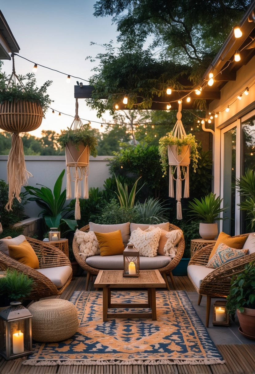 An inviting outdoor patio with comfortable seating, plants, and soft lighting during sunset.