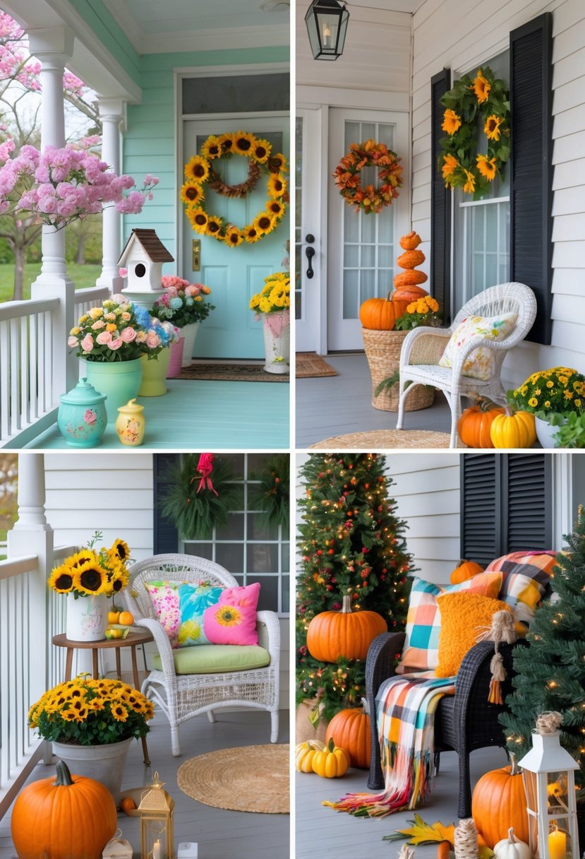 How to Decorate a Porch for Every Season: Complete Guide 2 A porch decorated with flowers and birdhouse for spring, sunflowers and seashells for summer, pumpkins and autumn leaves for fall, and pine garlands and lights for winter.