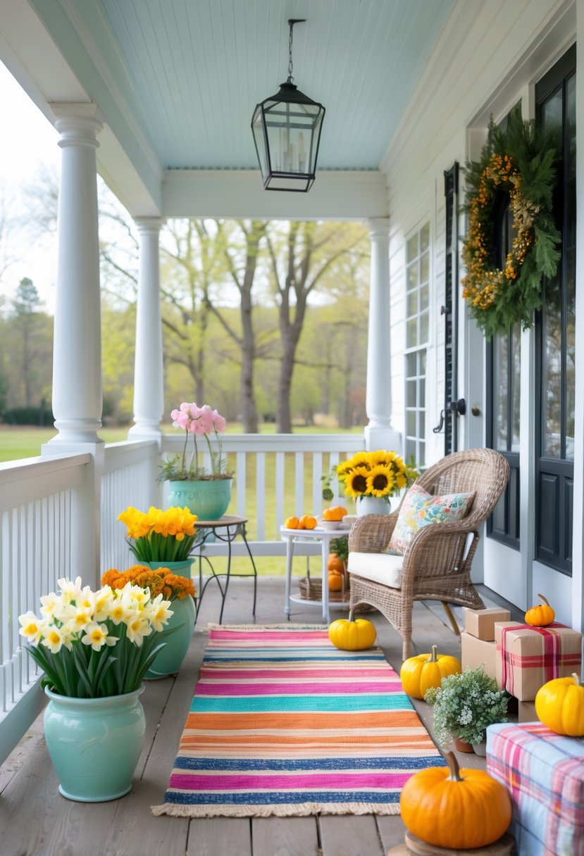 How to Decorate a Porch for Every Season: Complete Guide 3 A front porch decorated with flowers, pumpkins, pine garlands, and seasonal accents representing spring, summer, autumn, and winter.