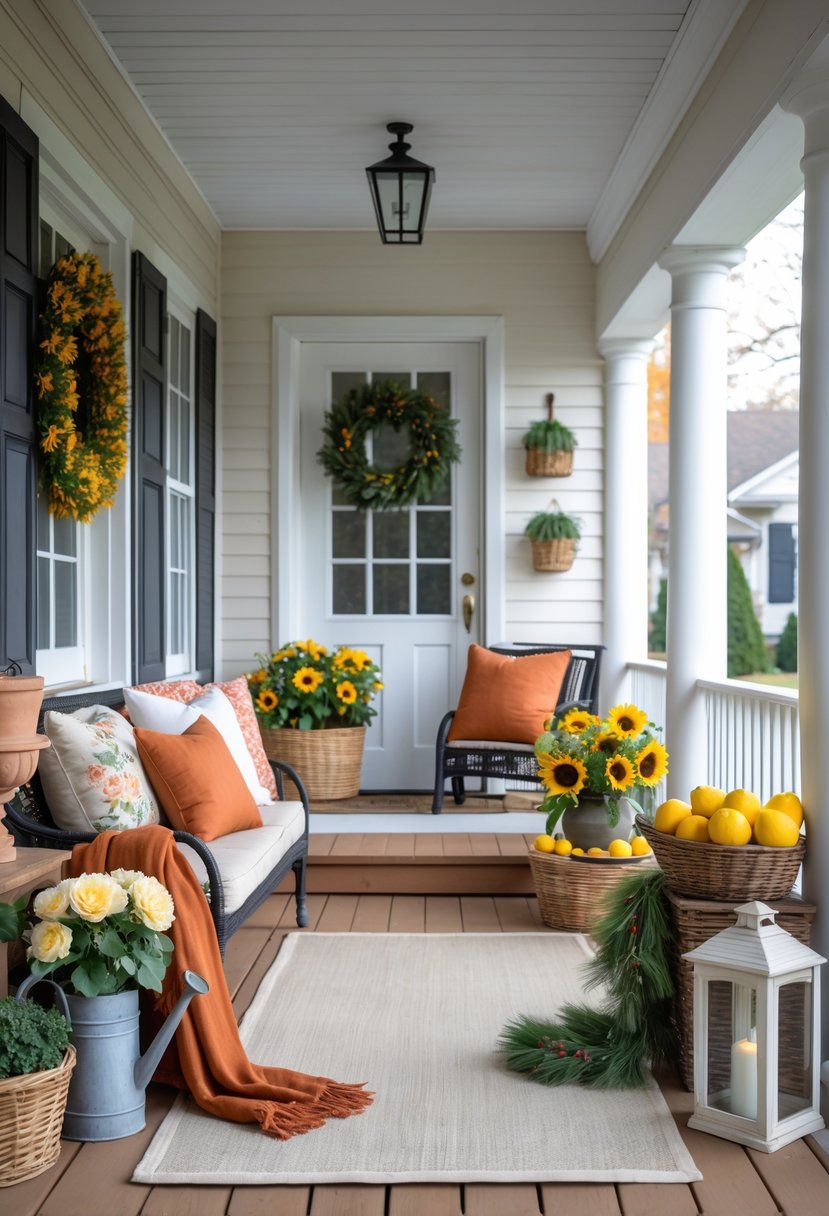 How to Decorate a Porch for Every Season: Complete Guide 4 A porch decorated with distinct seasonal elements including autumn cushions, spring flowers, summer sunflowers and lemons, and winter pine garlands and lights.