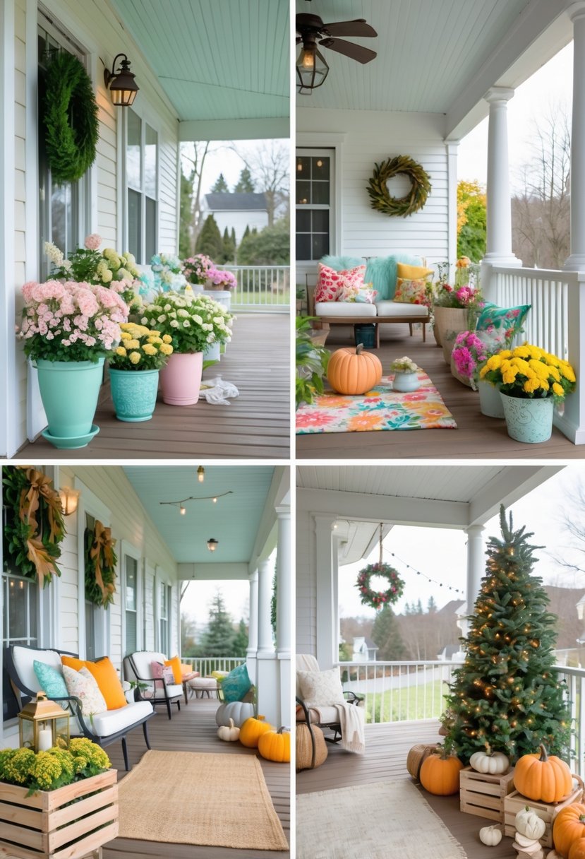 How to Decorate a Porch for Every Season: Complete Guide 5 A porch decorated with seasonal items representing spring, summer, autumn, and winter arranged in separate areas.
