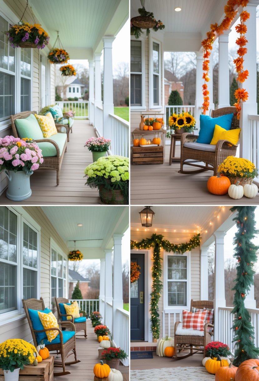 How to Decorate a Porch for Every Season: Complete Guide 6 A porch decorated with seasonal items including spring flowers, summer sunflowers and flags, autumn pumpkins and leaves, and winter pine garlands with lights.