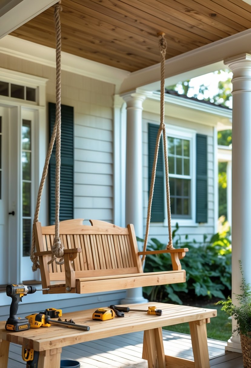 A partially assembled wooden porch swing hanging from a porch ceiling with tools arranged on a nearby workbench.