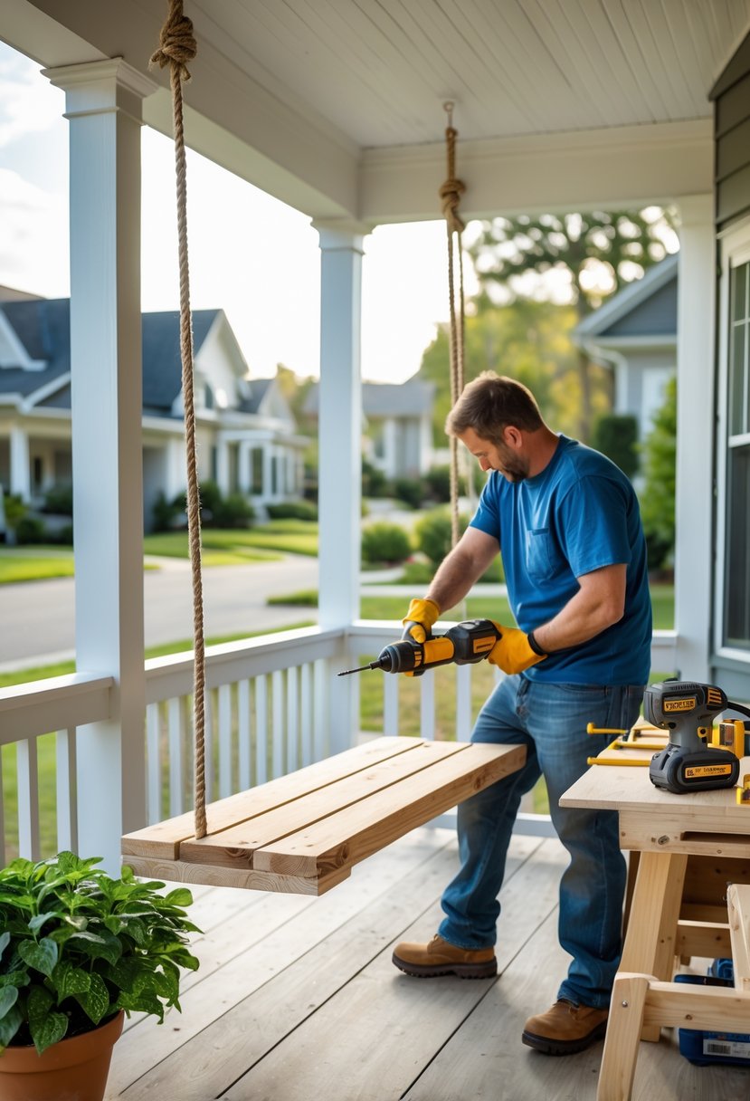A person assembling a wooden porch swing on a porch with woodworking tools nearby.