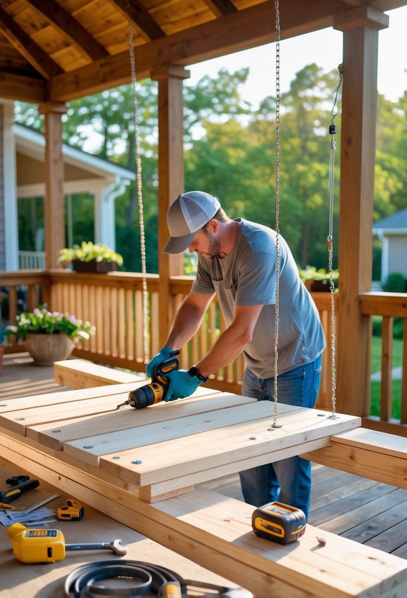 Person assembling a wooden porch swing outdoors on a sunny day with tools nearby.