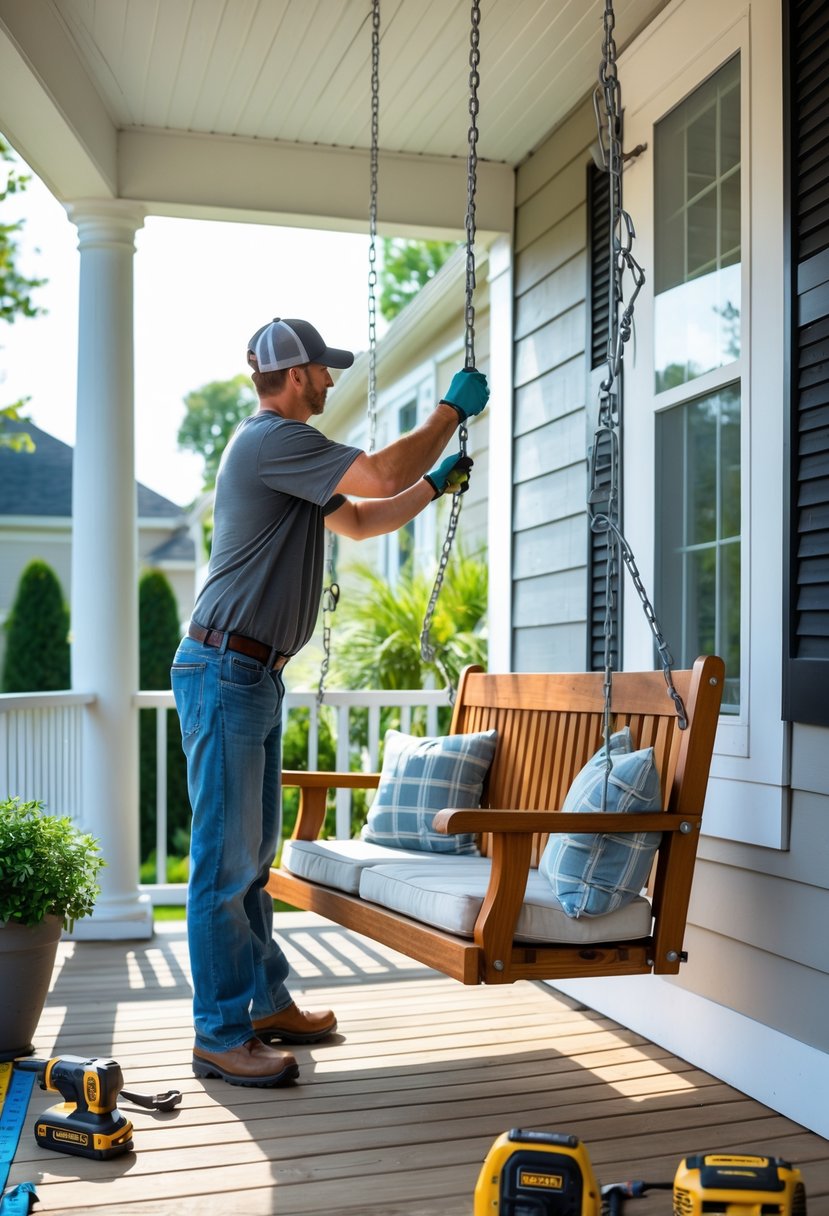 A person installing a wooden porch swing by attaching chains to ceiling hooks on a covered porch.