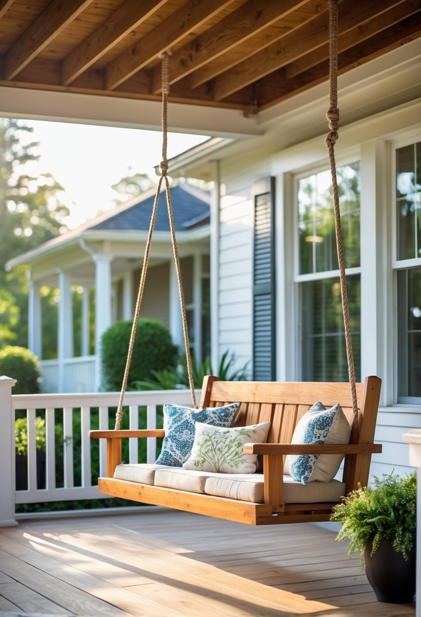 A wooden porch swing with cushions hanging from a porch ceiling surrounded by plants and a house exterior.