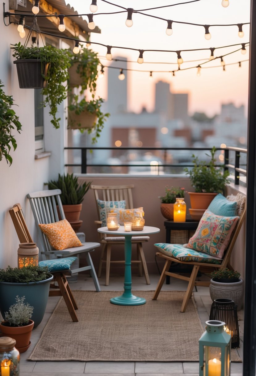 A small cozy terrace with wooden chairs, a round table, string lights, potted plants, and decorative cushions.