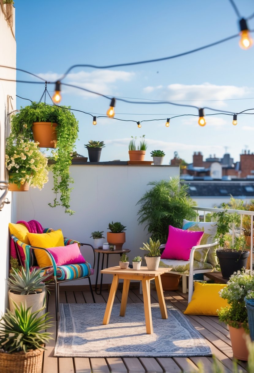 A cozy terrace with a small wooden table, colorful cushions, potted plants, and string lights under a clear blue sky.
