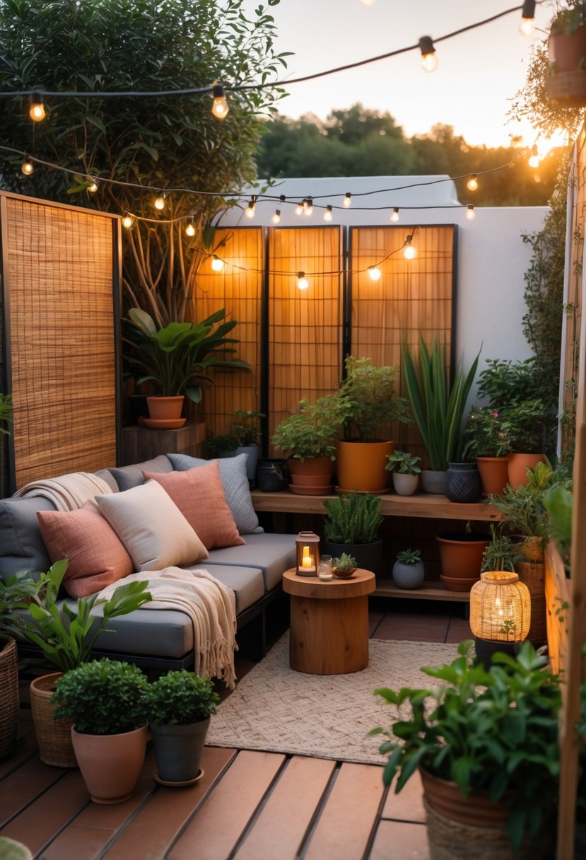 A small terrace with comfortable seating, warm lighting, green plants, and privacy screens creating a cozy outdoor space.