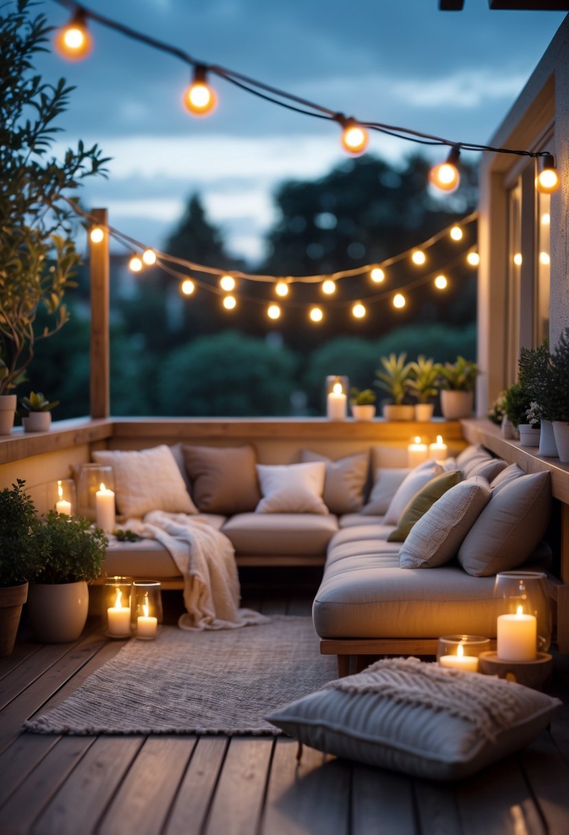 Cozy terrace at dusk with warm string lights, comfortable seating with cushions and throws, potted plants, and candles creating a welcoming outdoor space.