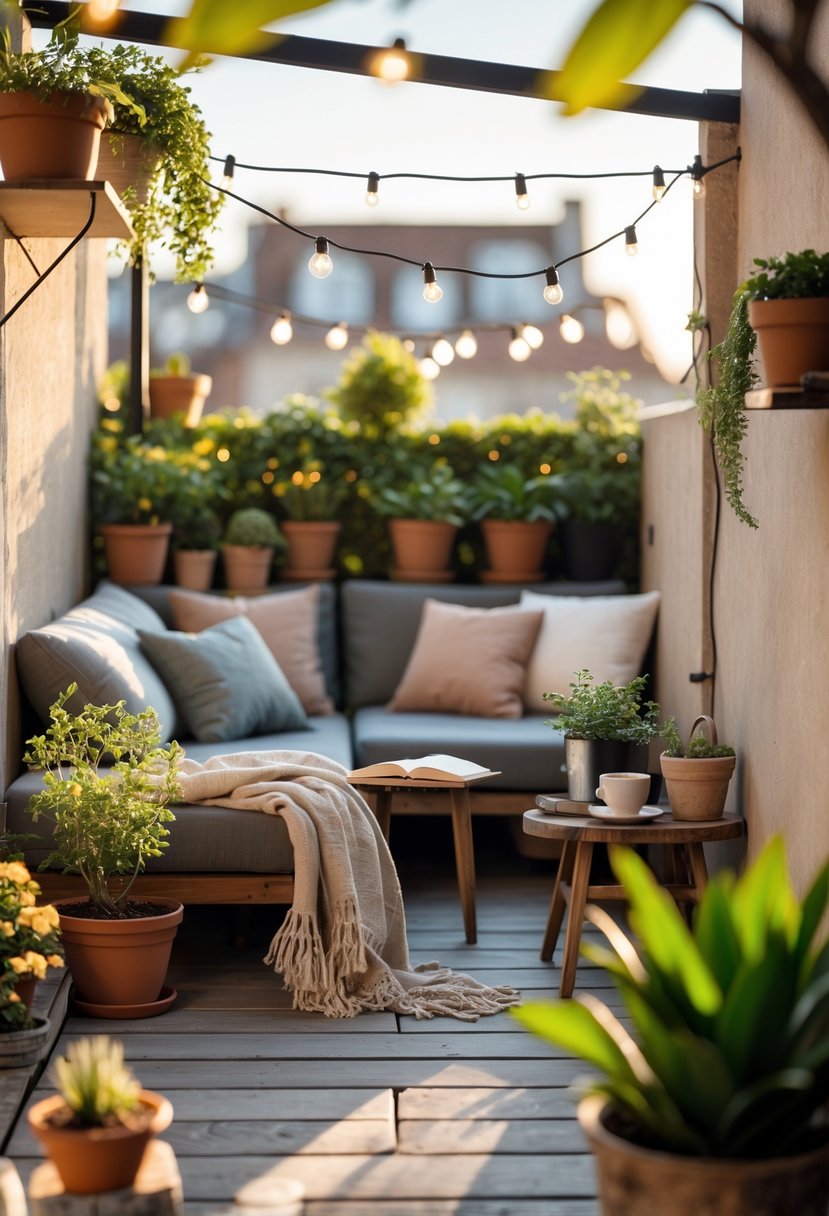 A cozy terrace with comfortable seating, potted plants, string lights, and a small table with a cup of coffee and a book.