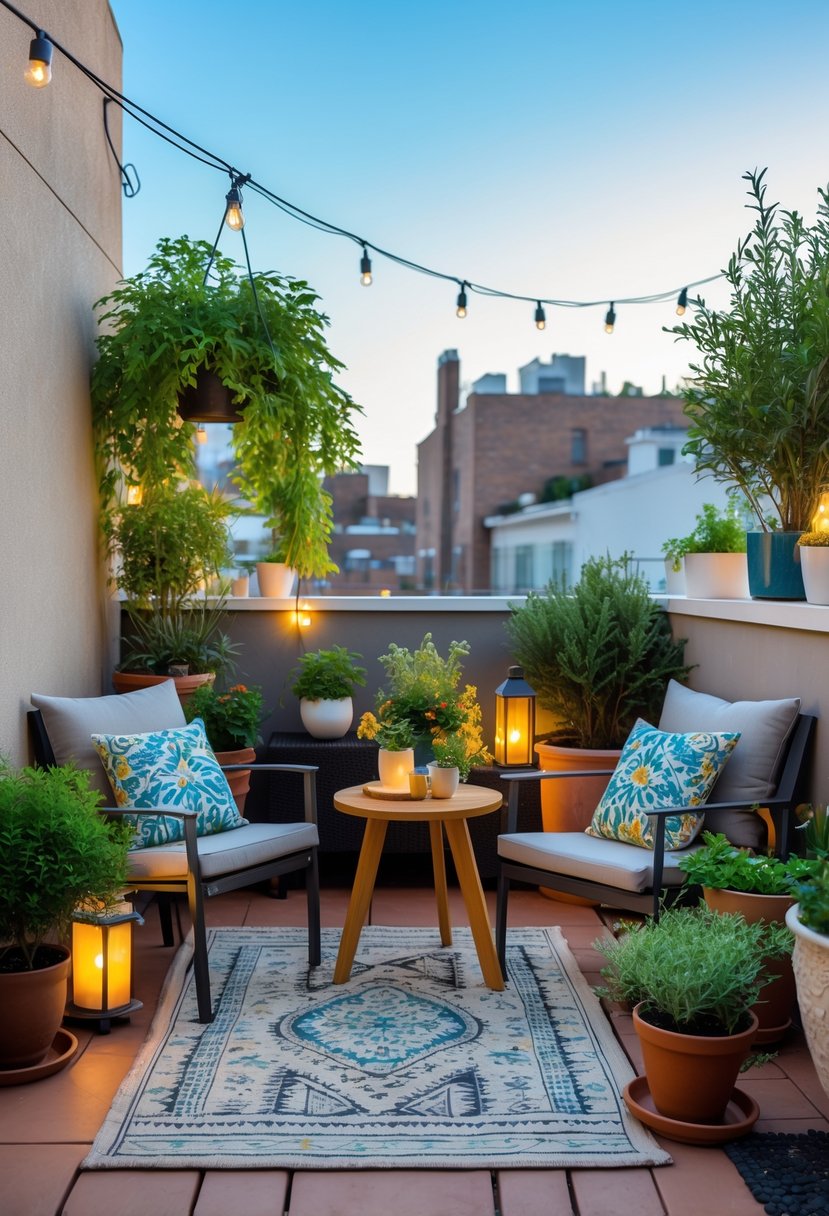 Small terrace with outdoor furniture, potted plants, string lights, and decorative elements under a clear sky.