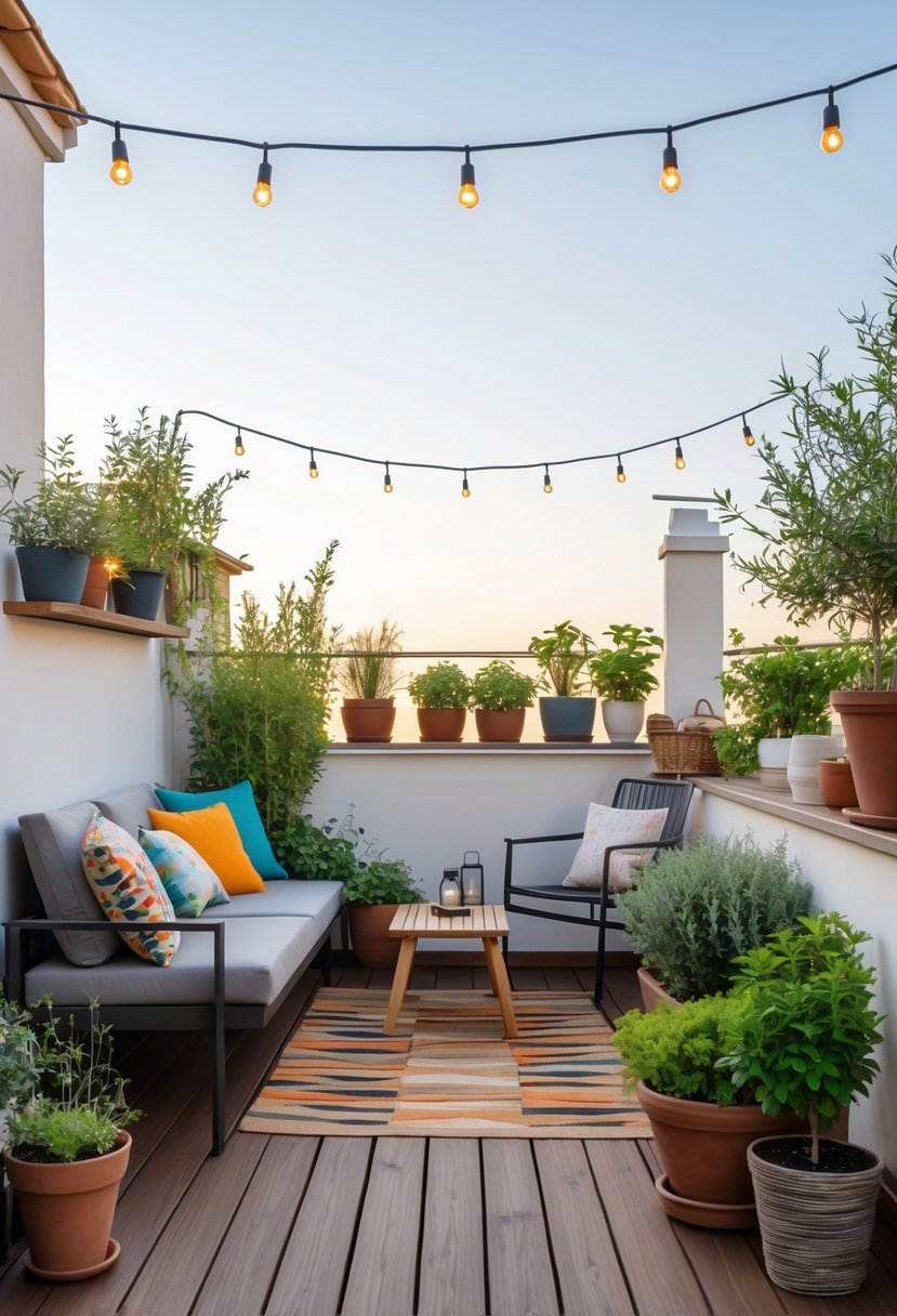 A small terrace with outdoor seating, potted plants, and decorative lighting arranged neatly.