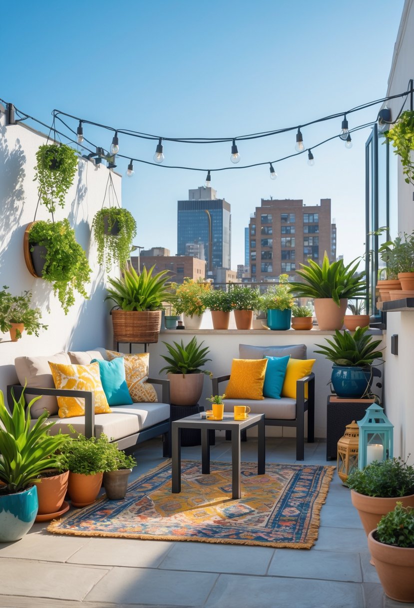 A small terrace with outdoor furniture, green plants, cushions, string lights, and decorative accessories under a clear sky.