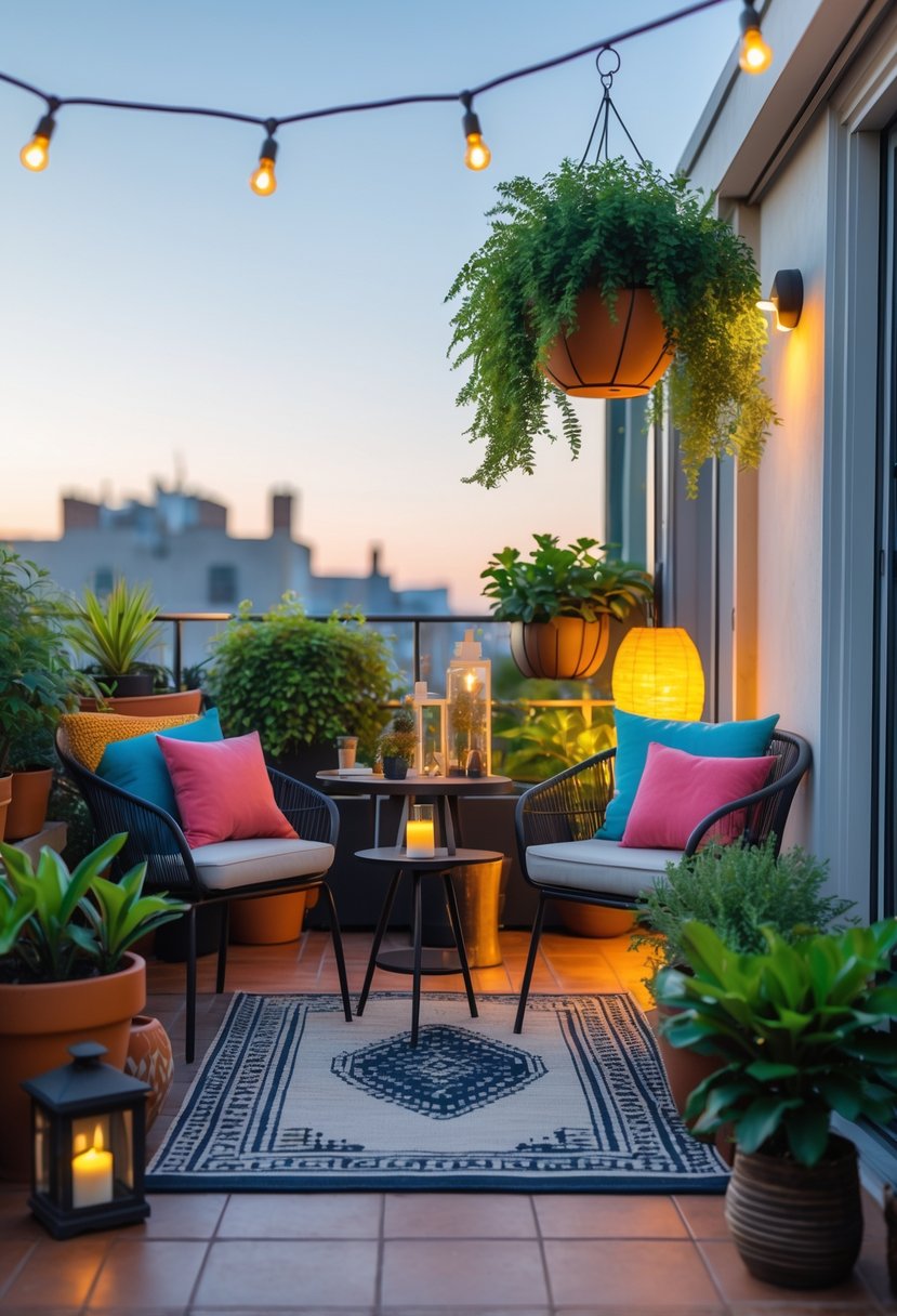 A small terrace with outdoor furniture, plants, and warm lighting creating a cozy outdoor space.