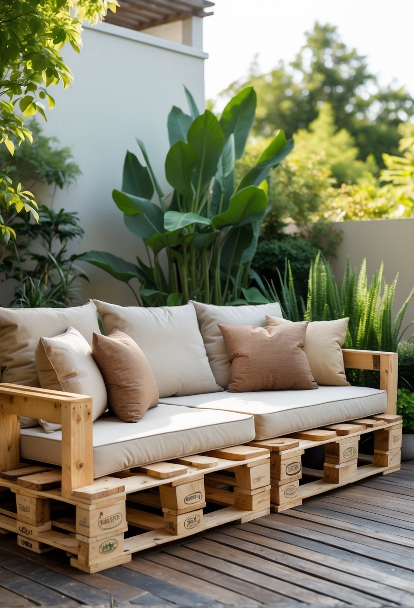 Outdoor patio with a wooden pallet couch covered in cushions surrounded by plants.