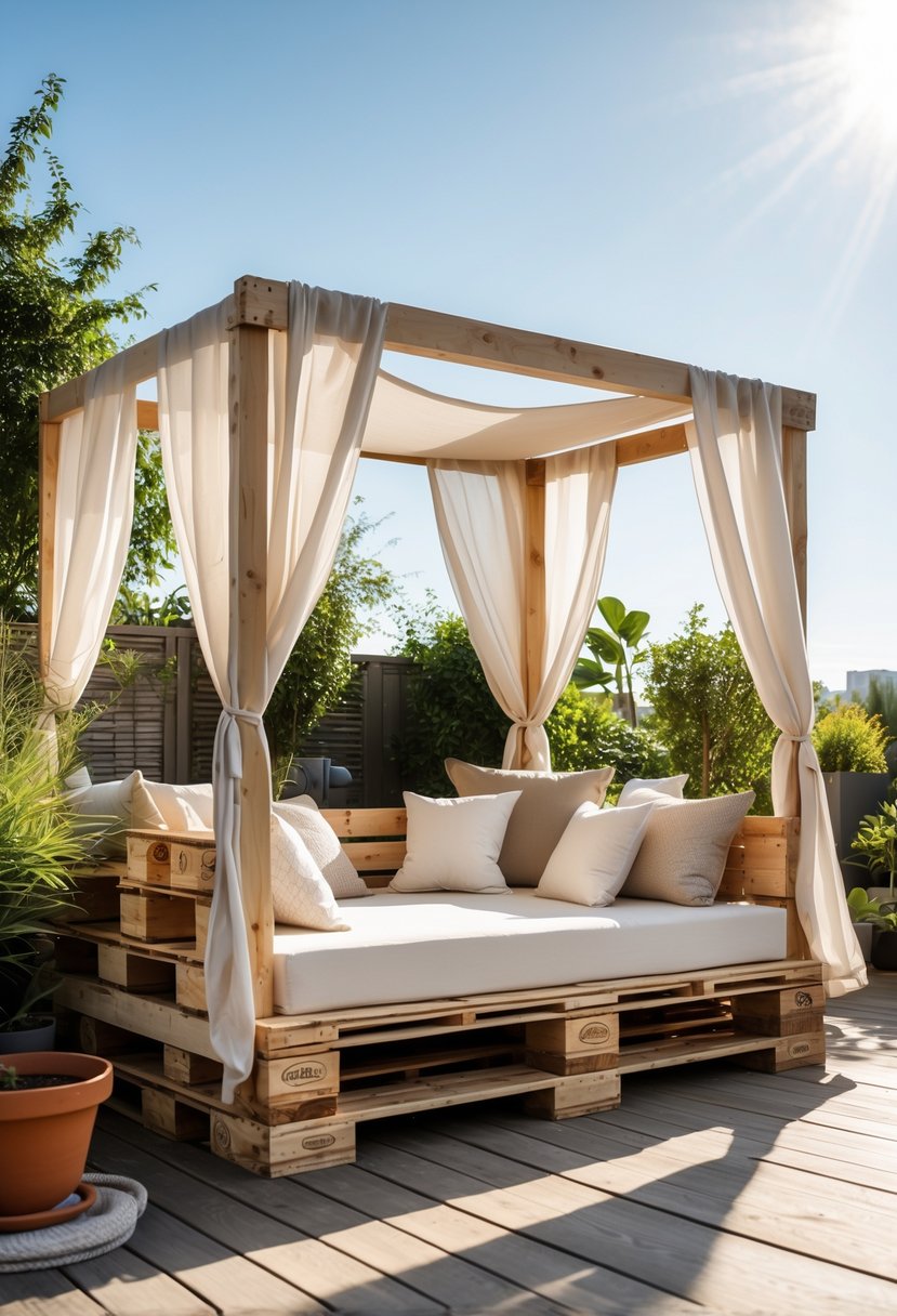 Outdoor pallet daybed with canopy on a patio surrounded by plants.