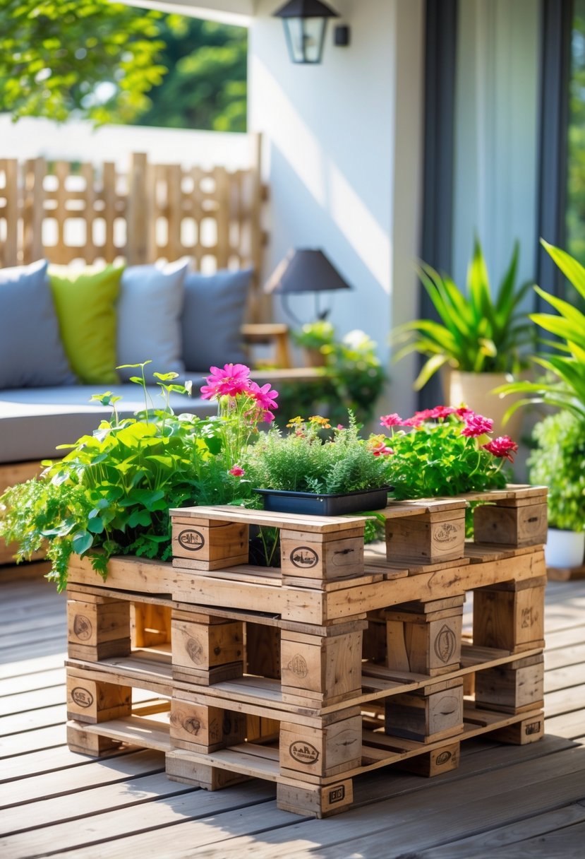 Outdoor patio with a wooden pallet planter box filled with green plants and colorful flowers.