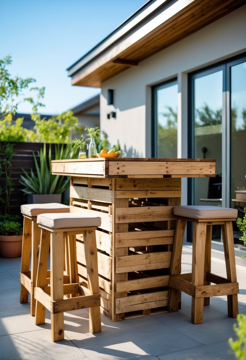 Outdoor patio with a wooden pallet bar table and matching stools surrounded by plants and a modern house in the background.