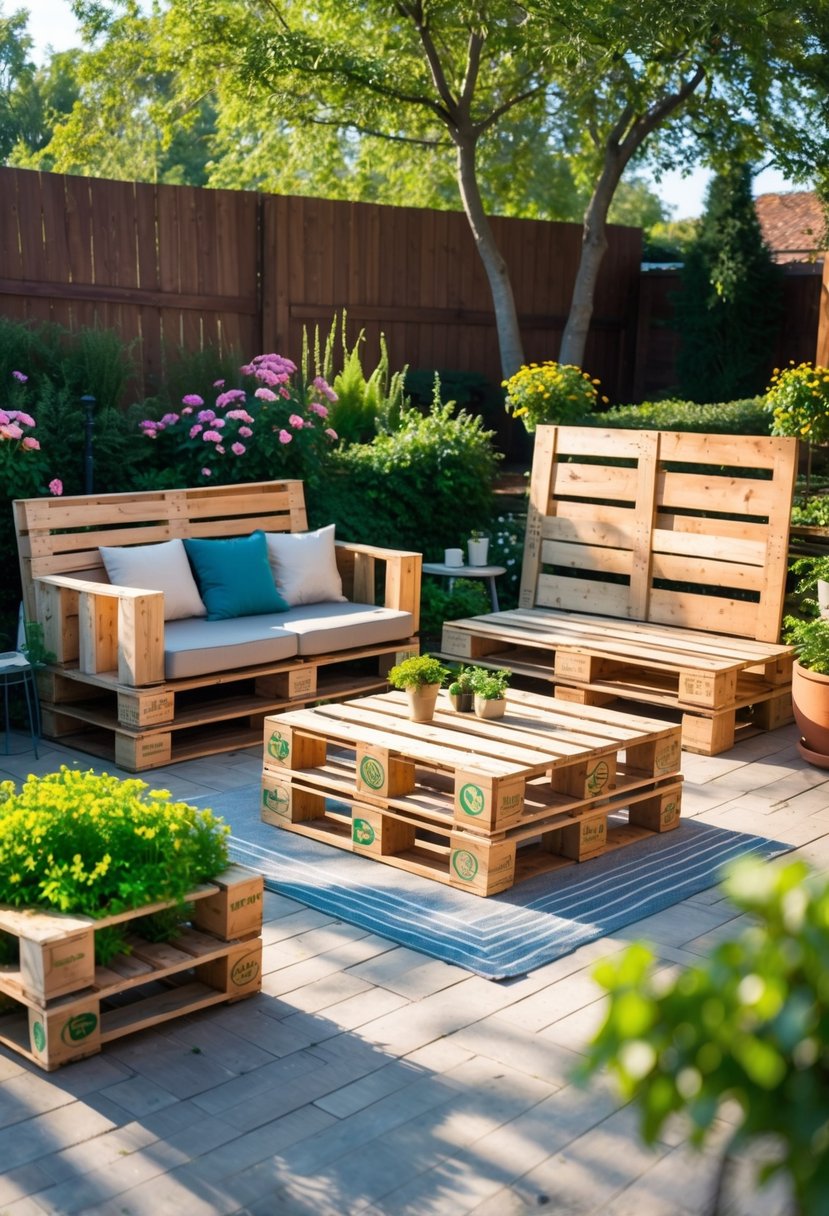 An outdoor patio with wooden pallet furniture including a sofa, coffee table, and planter surrounded by greenery and flowers.