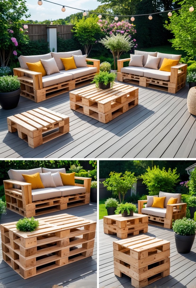 An outdoor patio with seven pieces of wooden pallet furniture including a sofa, coffee table, lounge chair, planter box, bench, side table, and storage chest surrounded by plants and greenery.