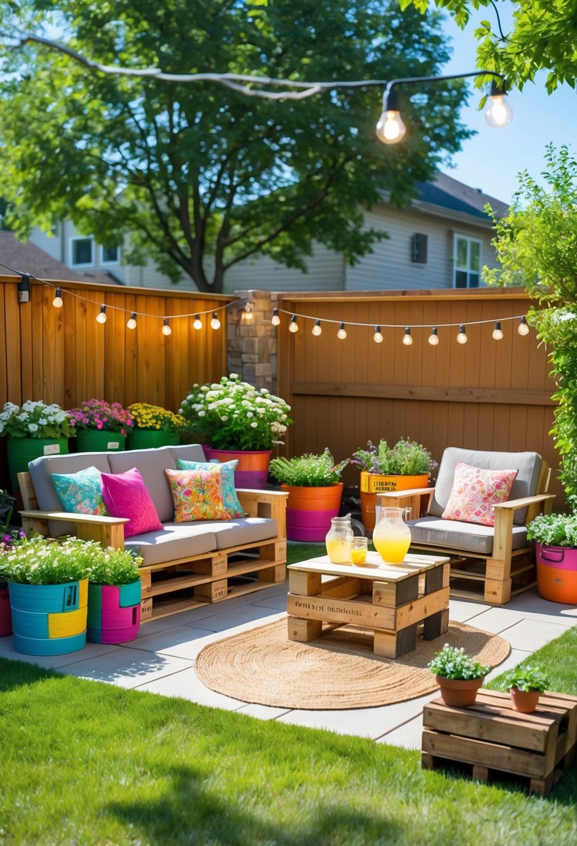 A backyard patio with handmade wooden furniture, colorful cushions, DIY planters with flowers, string lights overhead, a small brick fire pit, and a rustic table with potted herbs.