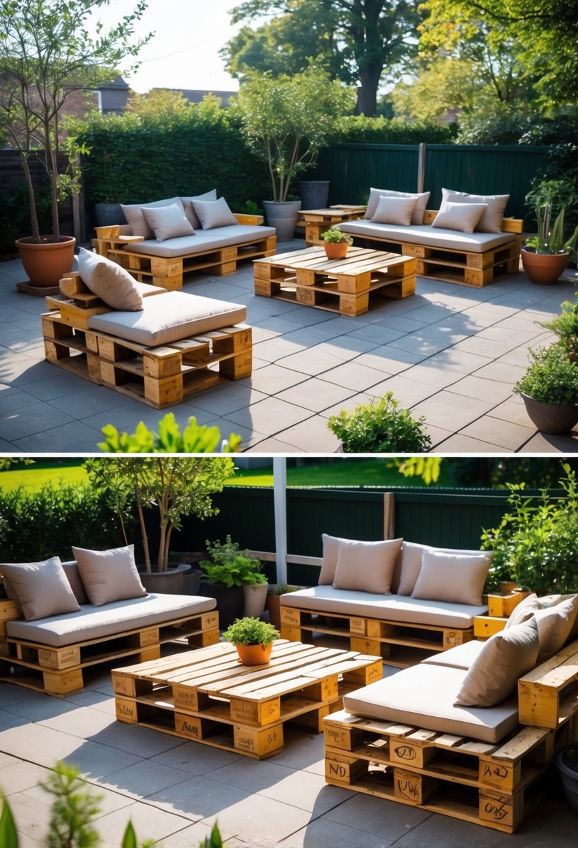 Outdoor patio with seating and tables made from upcycled wooden pallets surrounded by plants.