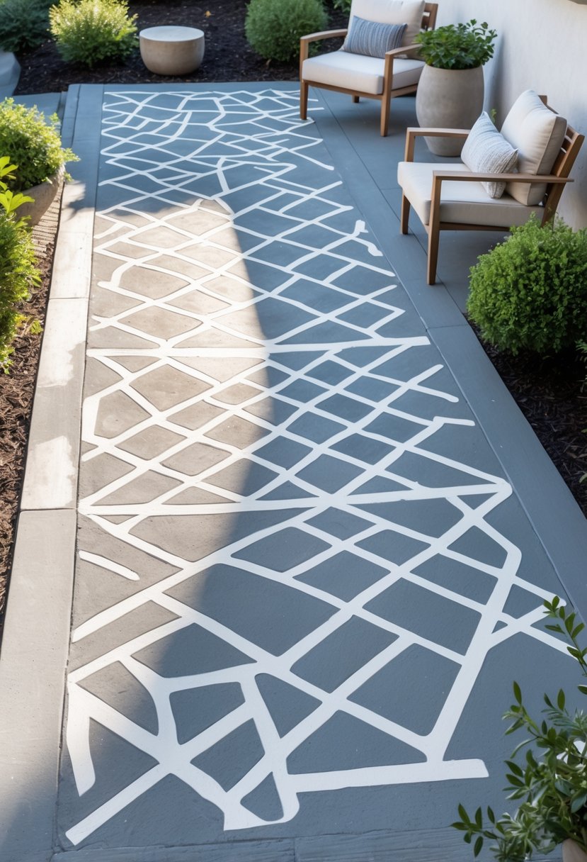 Outdoor concrete patio floor with a painted geometric stencil pattern, surrounded by outdoor furniture and potted plants.