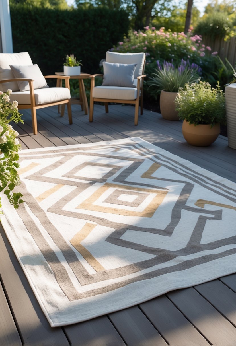 Outdoor patio with a handmade painted drop cloth rug on a wooden deck, surrounded by outdoor furniture and plants.