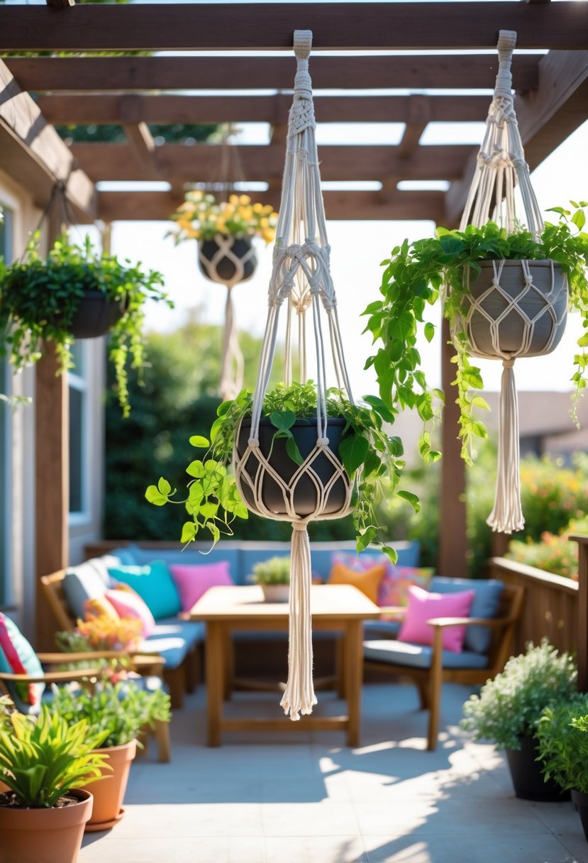 Outdoor patio with hanging macrame planters filled with green plants and cozy patio furniture beneath a wooden pergola.