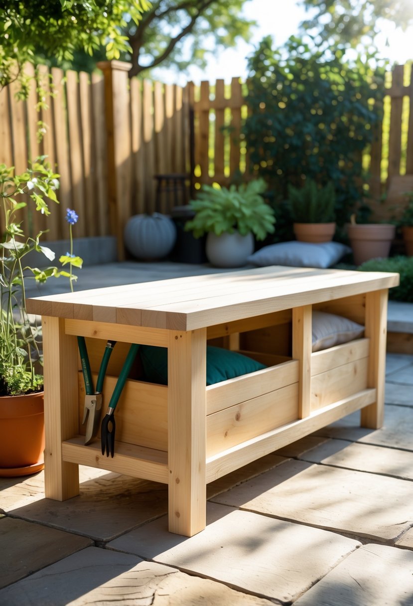 A simple wooden bench with storage compartments on a sunny outdoor patio surrounded by plants and greenery.