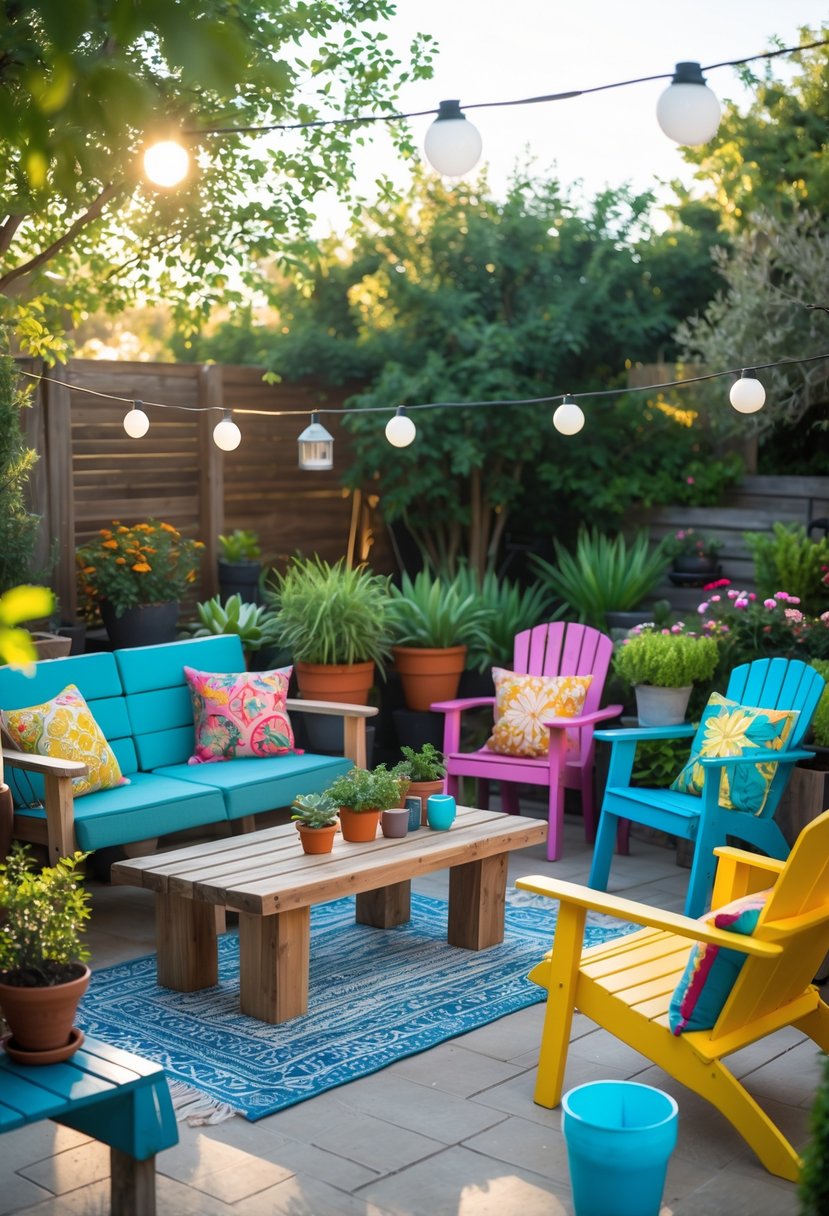 An outdoor patio with handmade wooden furniture, potted plants, string lights, and decorative cushions in a garden setting.