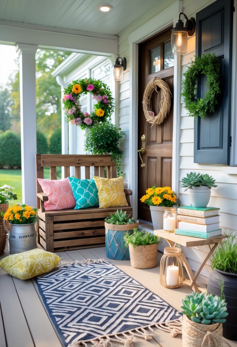 A front porch decorated with various handmade items including cushions, flower pots, a wreath, fairy lights, and plants.