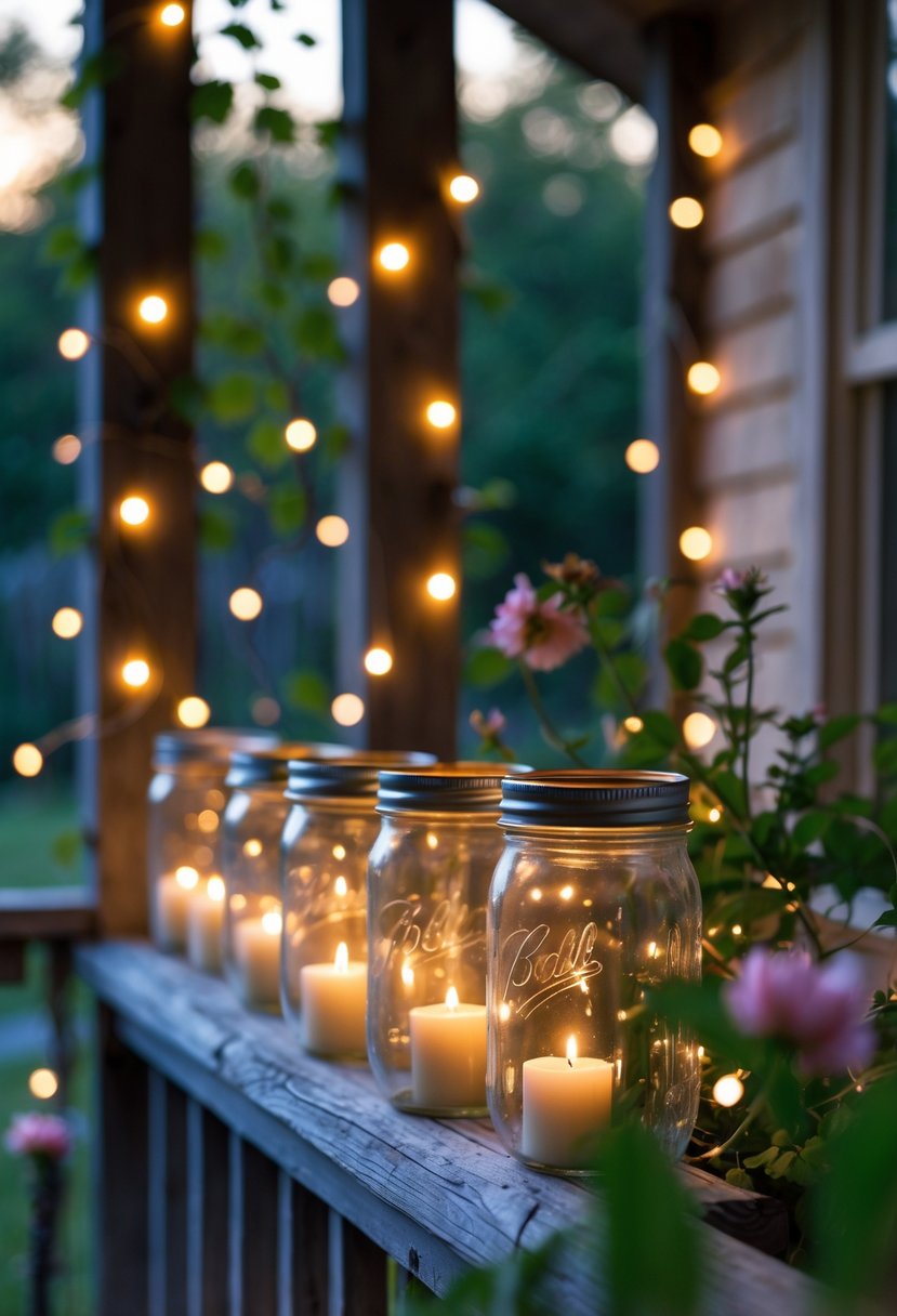 Mason jar lanterns with glowing candles arranged on a wooden porch railing surrounded by greenery and soft lights.
