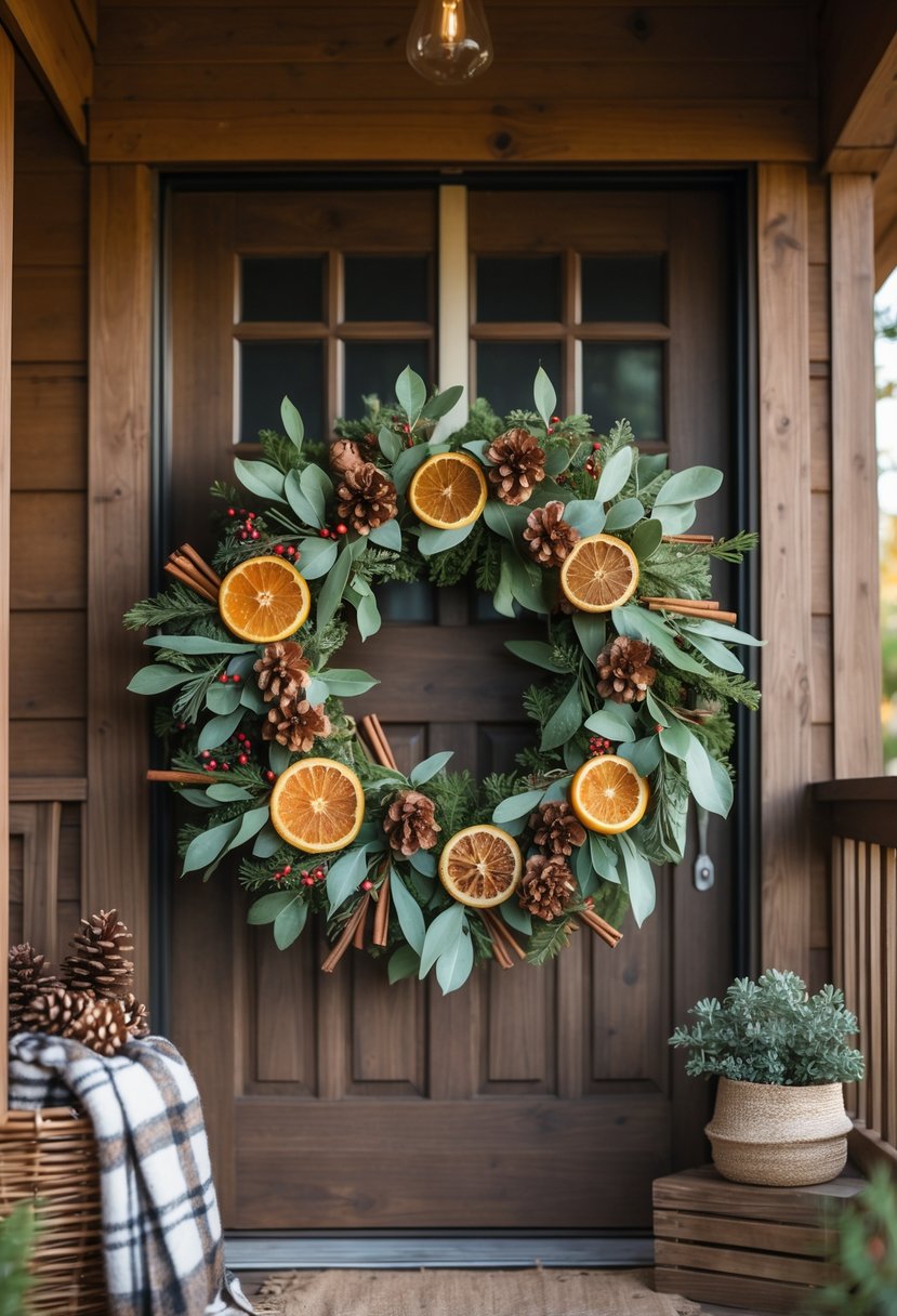 Seasonal wreath made of natural elements hanging on a wooden porch door with surrounding porch decor.