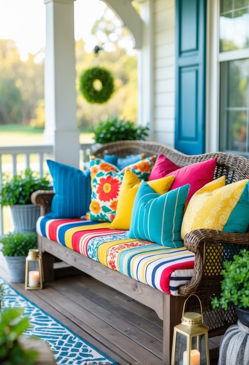 Outdoor porch with colorful pillows on a wooden bench and wicker chairs, surrounded by plants and decorative elements.