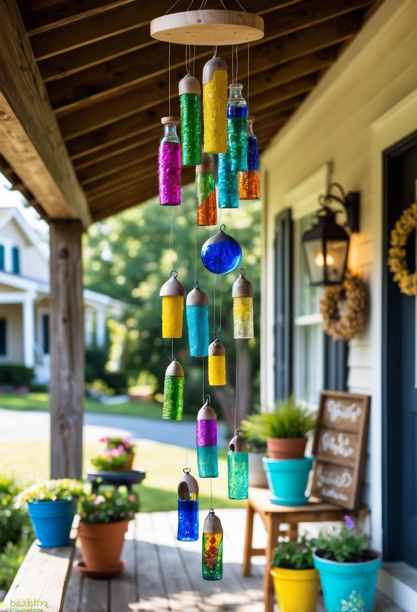 A porch with handmade wind chimes made from recycled materials hanging from a wooden beam, surrounded by potted plants and other DIY porch decorations.